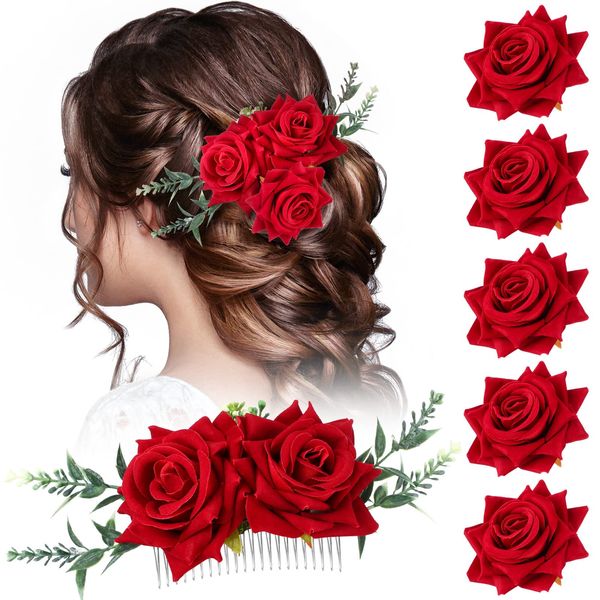 Geyoga 6 Pcs Rose Flower Hair Clip with Rose Flower Hair Comb Women Rose Flower Hair Accessories Bridal Rose Headpiece Flower Hairpin Rose Brooch for Women Girls Wedding Dancing Party (Red)