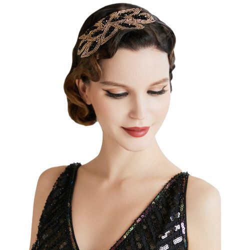 ArtiDeco 1920s Headpiece Vintage 1920s Headband Crystal Headband Flapper Headpiece with Crystal Great Gatsby Costume Accessories Roaring 20's Accessories (Gold Black)(Size: One Size)