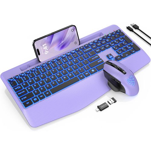 Wireless Keyboard and Mouse Backlits, Wrist Rest, LED Mouse, Rechargeable Ergonomic Keyboard with Phone Holder, Silent Light Up Combo for Computer, Mac, PC, Laptop, Chromebook (Purple)
