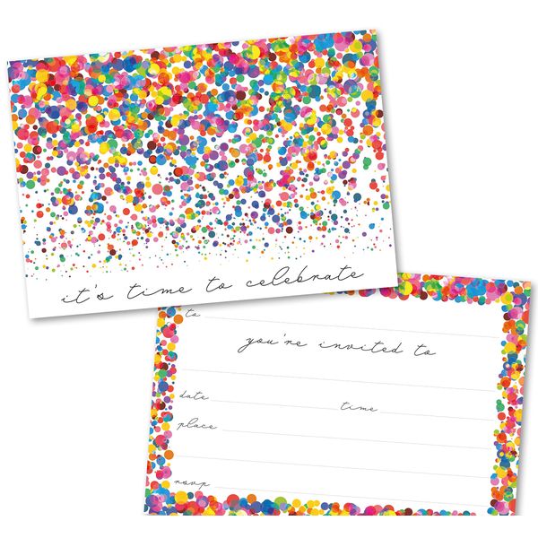 Party Invitations Pack of 36. Confetti themed invitation with matching envelopes. 120 x 172mm. Party Invites, Birthday Party Invitations. Suitable for all ages. Designed and Printed in UK.