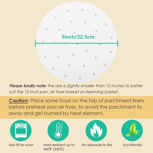100pcs 9 Inch Round Air Fryer Liners, Fits 10-Inch Bamboo Steamer Baskets, Premium Perforated Parchment Paper Sheets, Non-stick Basket Mat, Perfect for Steaming/Baking/Air Fryers/Cooking