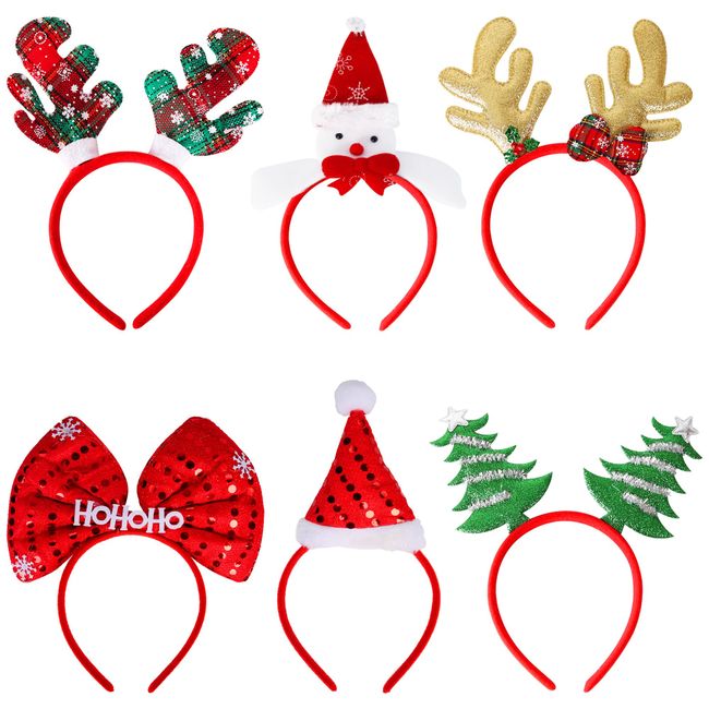 KEYIDO® 6 Pack Christmas Headbands, Christmas Hat Snowman Christmas Tree Reindeer Antlers Christmas Headband Headwear Hairband for Adults Women Kids Xmas Costume Party Photos Booth