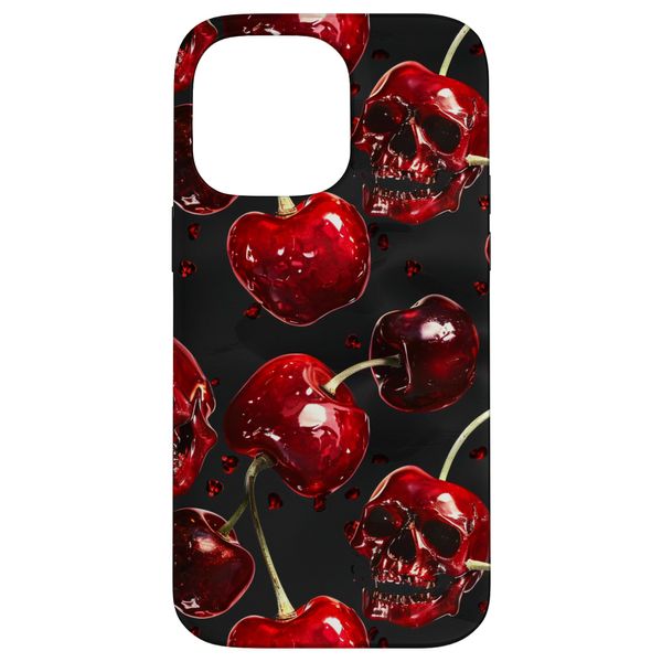 iPhone 14 Pro Max Cute Cherry Skull Pattern Red Skulls Black Background Case