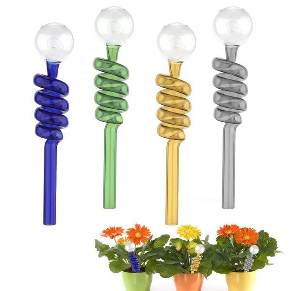 4pcs Plant Watering Globes, Glass Watering Globes Self Water Bulbs with Spiral Design, Waterer Bulbs Automatic Garden Water Device for Indoor & Outdoor Plants (4 Colors)