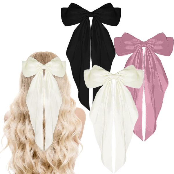 JOOTUEPO Big Bow Hair Clips 3pcs, French Hair Clips with Long Ribbon Solid Color Hair Barrette Clips, Women Girls Dress Up Accessories Cute Gifts, for Birthday/Party/Show (Black, Rice white, Pink)