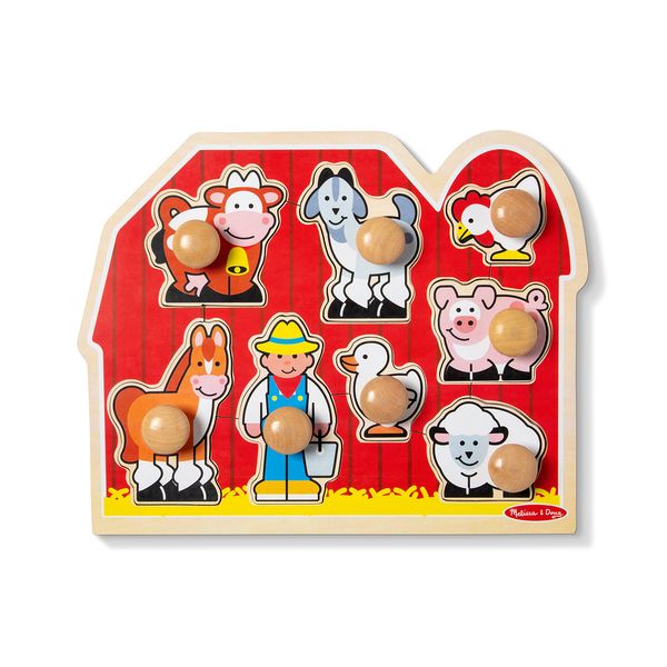 Melissa & Doug Farm Animals Jumbo Knob Wooden Puzzle - Wooden Peg Chunky Baby Puzzle, Preschoool Learning, Knob Puzzle Board For Toddlers Ages 1+