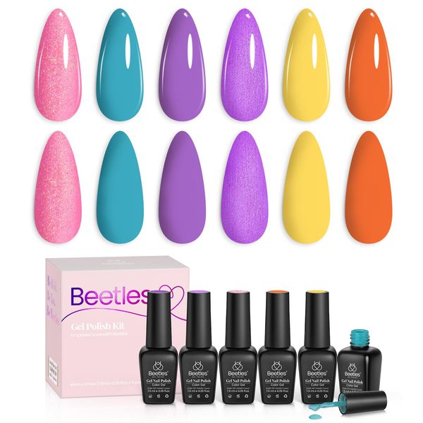 Beetles Gel Nail Polish Set-6 Pcs Summer Gel Nail Polish Colors Dream Pink Glitter Red Purple Yellow Neon Gel Polish Soak Off Nail Lamp Uv Gel Shimmer Polish Manicure Kit Gifts for Women