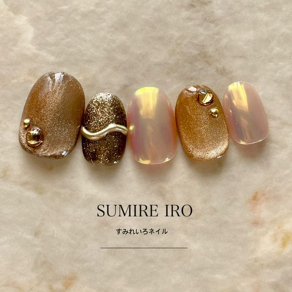 Nail tips False nails Bridal nails Short Coming-of-age nails Design Simple nails Nail Beige nails Small nails Large nails Very short Chibi nails Adult nails False nails Custom nails<br> [o2178] Beige/brown magnetic mirror line aurora powder