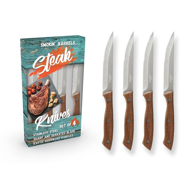 Solance Smokin' Barrels - Everyday Steak Knives with Exotic Hardwood Handles - Set of 4