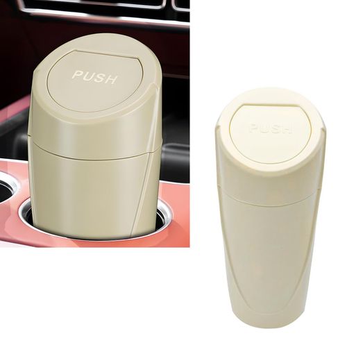 SHMZK Car Trash Can with Lid, Portable Leakproof Auto Cup Holder Door Garbage Container, Multipurpose Waterproof Mini Cup Holder Trash Can Interior Organizer for Car Home Office (Beige)