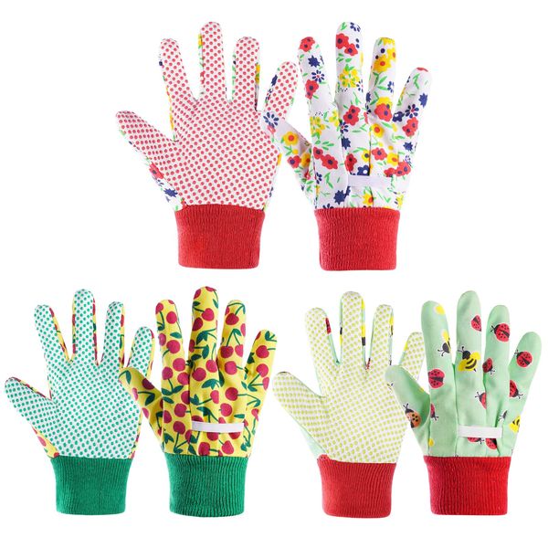 OSDUE 3 Pairs of Gardening Gloves, Kids Safety Work Gloves, Gardening Gloves for Women with Soft PVC Dots, Comfortable Breathable Non-Slip Flexible for Yard, Fishing, Camping