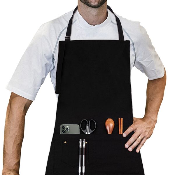 LessMo Black Apron, Chef Apron With Two Pockets, Adjustable Men Aprons Women Aprons, 100% Cotton Professional Quality, 70 x 85 cm, for Home Kitchen, Restaurant, Coffee house