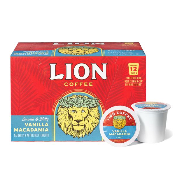 Lion Coffee Vanilla Macadamia Flavored Medium Roast Coffee, Single-Serve Coffee Pods, Compatible with Keurig Brewers, Hawaiian Inspired Taste - (12 Count Box)