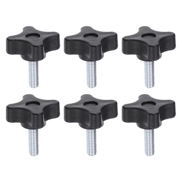 sourcing map 6pcs Star Knobs M6 x 20mm Male Thread Plastic 4-Star Stud Knob Hand Tightening Clamping Screw Replacement Threaded Handle, Black