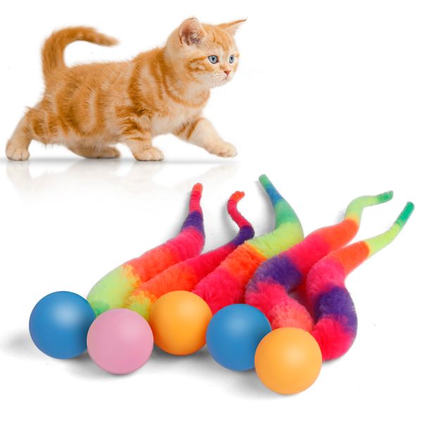 LE TOOTER Bouncy Ball with Tail Cat Toys,5 Packs Rainbow Small Magic Worm with Ball Toy for Cats,Colorful Fuzzy Worm Bouncy Balls Cat Toy