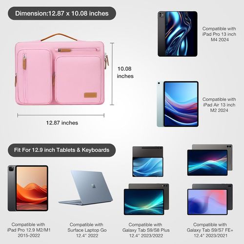 MOSISO 12.9 inch Tablet Sleeve Case for iPad Pro 13 M4 & iPad Air 13 M3 M2, iPad Pro 12.9 M2 M1 6/5th with Magic Keyboard&Smart Keyboard Folio, Side Open Carrying Bag with 4 Zipper Pockets, Pink