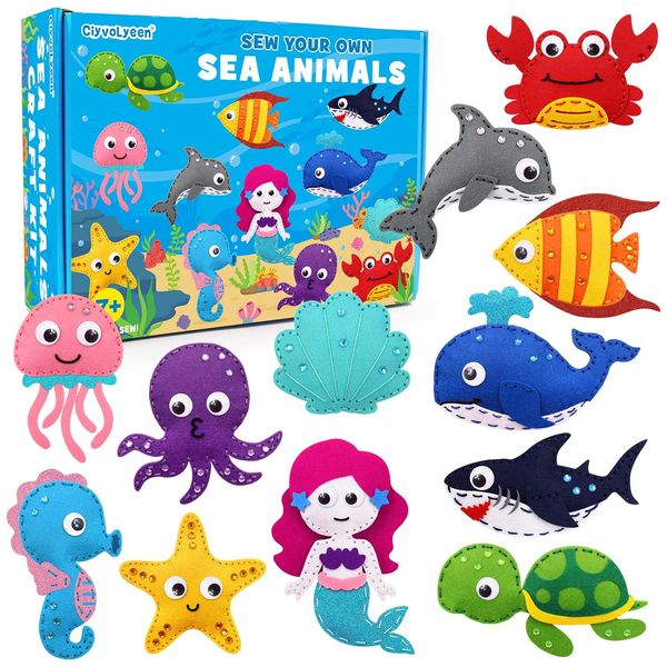 CiyvoLyeen Sea Animals Sewing Kit Mermaid DIY Felt Plush Craft Kit Make Your Own Ocean Animals Gifts for Beginner Boys and Girls Educational Kids Art Craft Supplies Set of 12