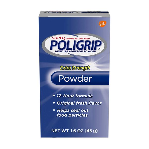 PoliGrip Super Denture Adhesive Powder, Extra Strength 1.6 oz Container (2)