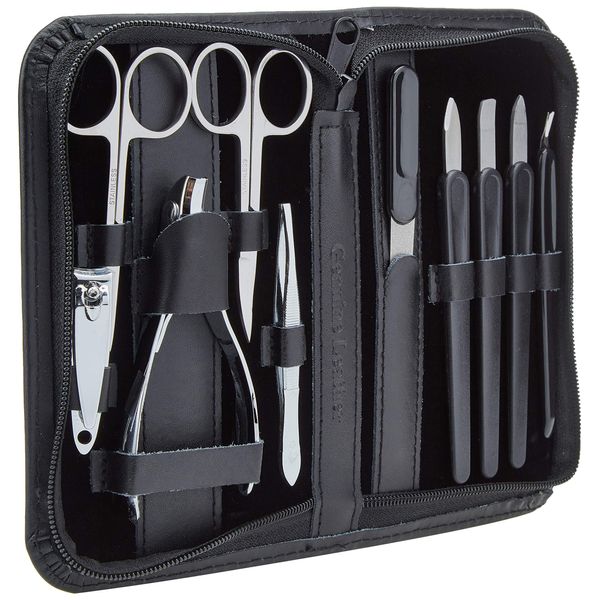Clauss Manicure Case Real Leather, Black - 10-Part