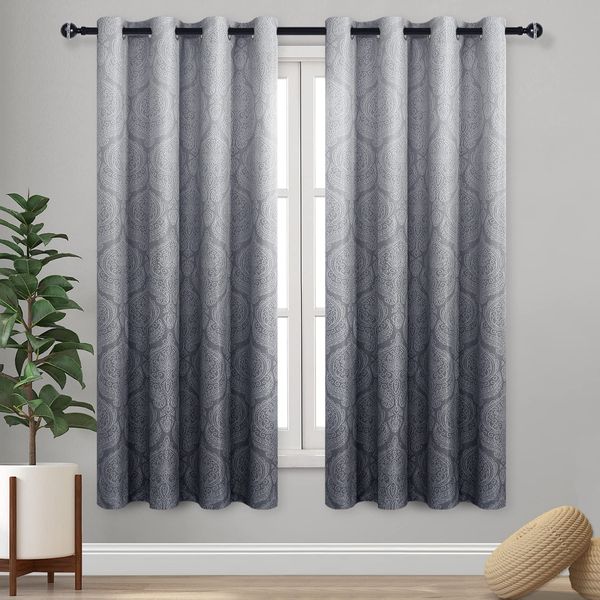 DWCN Ombre Blackout Curtains for Living Room - Thermal Insulated Block Light Energy Saving Privacy Gradient Damask Grommet Window Curtains for Bedroom, Set of 2 Panels, 52 x 63 Inch Length, Grey