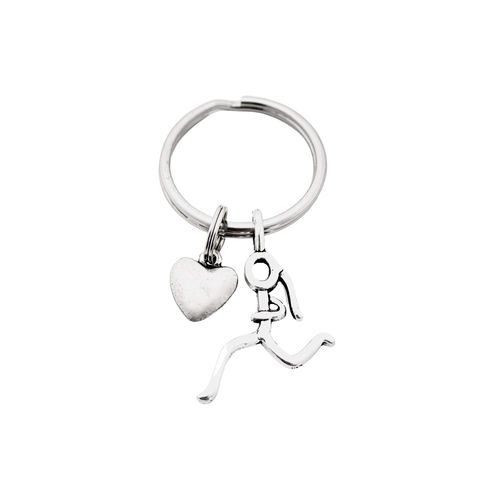 Heart of a Runner Girl Key Chain - Pewter Puffed Heart and Pewter Stick Figure Runner Girl Charm on Stainless Steel Round Key Ring