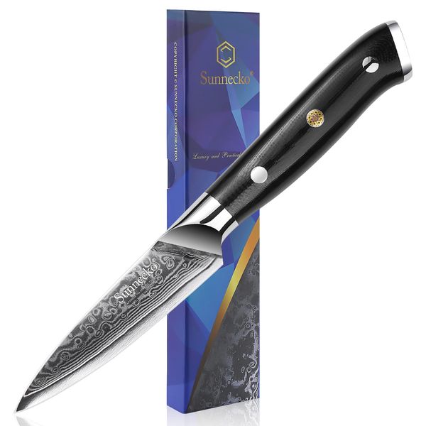 Sunnecko Paring Knife 3.5 inch, Fruit Knife with VG10 Damascus Steel Blade Peeling Knife, Small Kitchen Knife with G10 Handle Sharp Knife with Color Box Utility Knife Pairing Knife