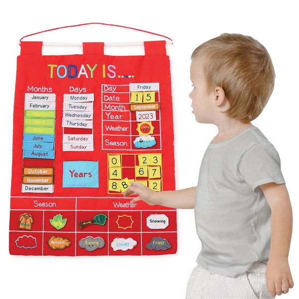 The Peanutshell Preschool Educational Wall Calendar - 53 Fabric Pieces for Months, Days, Years, Weather, & Seasons (Red)