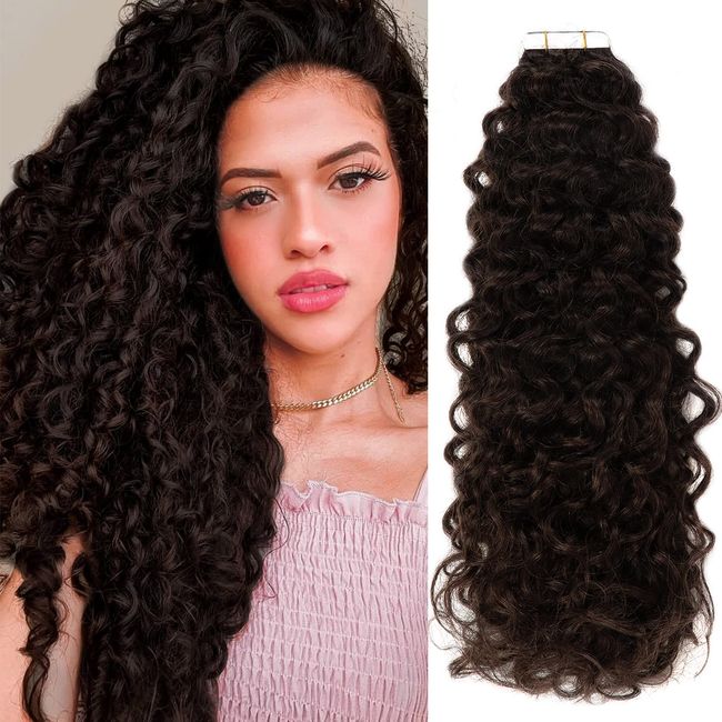 Caliee 12inch Tape in Hair Extensions Human Hair for Black Women Darkest Brown Jerry Curly Tape in Hair Extensions 40g Double Side Pu 3B 3C Natural Curly Tape ins Short Hair 16Pcs