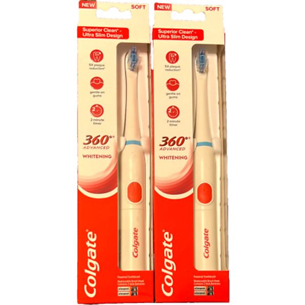 2 Pack Colgate 360 Advanced Whitening Battery Powered Toothbrush - Soft Bristles