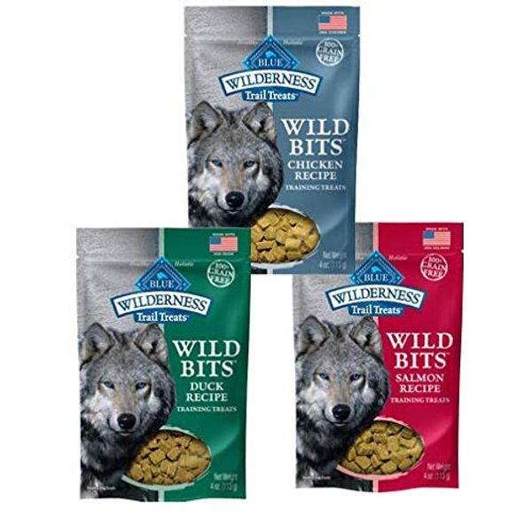 Blue Buffalo Wilderness Trail Treats Grain-Free Wild Bits Dog Treats - 3 Flavors (Salmon, Chicken, & Duck) - 4 Ounces Each (3 Total Pouches)