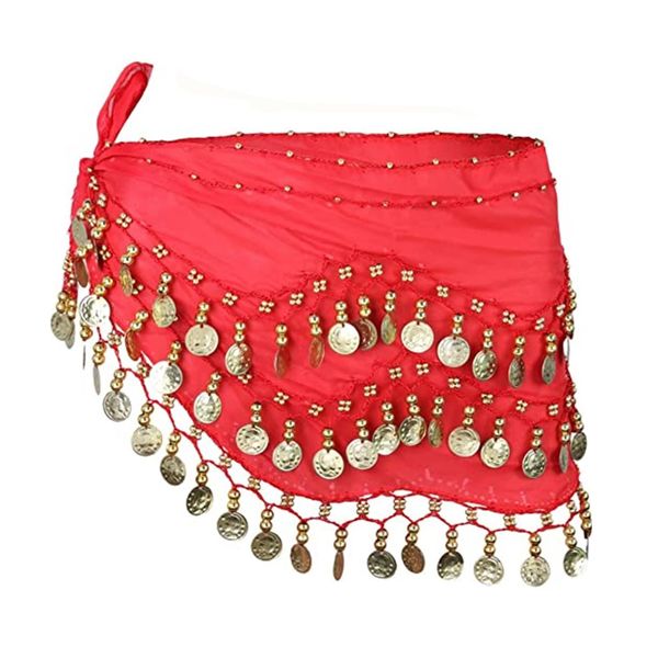 [Morices] Belly Dance Skirt, 3 Rows Belly Dance Hip Scarf with Gold Coins, Women Belly Dancer Costume Belly Dance Zumba Yoga Class, Dance Belt Skirt Hip Wrap Costume Gold Coin Beads Scarf, red