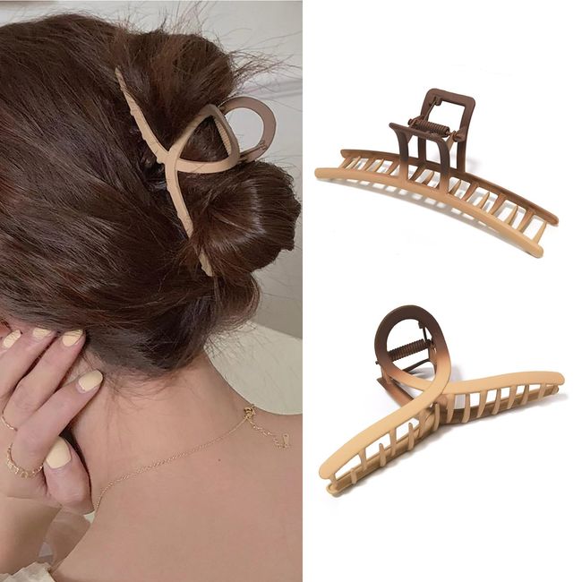 Fuyunohi Hair Clip, Hair Clip, Large Firm, Set of 2, Hair Accessories, Adult Girls, Hair Clips, Korean, Bird's Nest Hair Clip, Hair Arrangement, Barrette, Simple, Lightweight, Large, Elegant, Stylish, Cute, Light Brown, Graduated Design