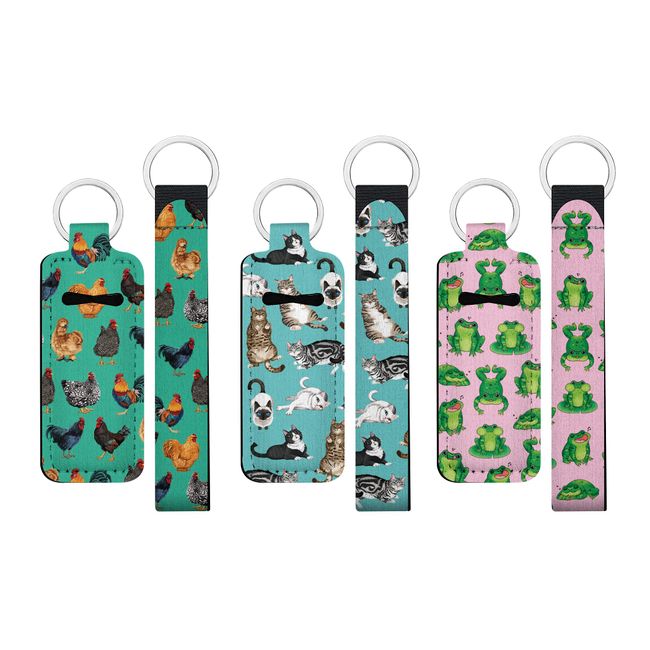 WIRESTER 3 Set of Lipstick Holder Wristlet Keychain Lanyard, Chapstick Holder Keychain, Neoprene Lip Balm Holder Cover for Women - Chicken Pattern, Green Frog Pattern, Lazy Cats Teal