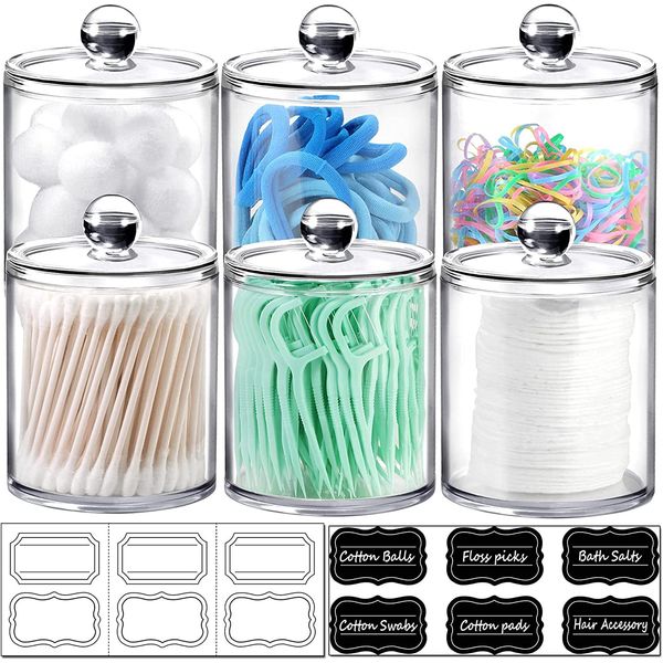 6 Pack 12Oz Qtip Dispenser Jars - Clear Acrylic Canisters with Labels for Cotton