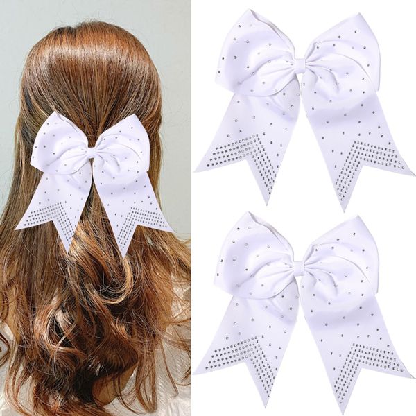 WRBAJIS Big Hair Bows Ties Ponytail Holder Bow Hair Bands Glitter Rhinestones Hair Accessories for Women Cheerleading Birthday Wedding Party Supplies 2Pcs White