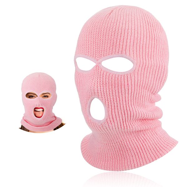 BBTO Knitted Balaclava with 3 Holes Full Face Cover Winter Full Face Balaclava, pink