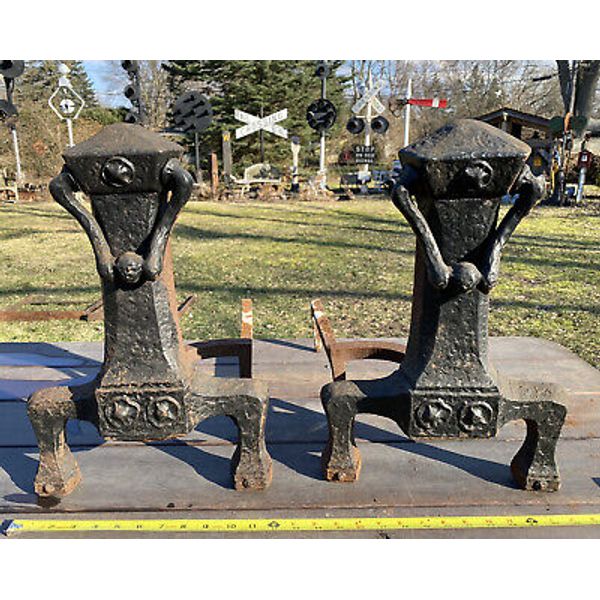 Vintage Cast Iron Fireplace Andirons Firedogs Knockers 27.5 Pounds Unboxed