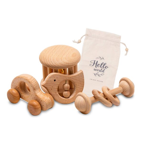 Promise Babe Wooden Rattle, Rattle, Mini Car, Set of 4, Toy, Unpainted, Natural Wood, Natural Rattle, Baby Shower, Gift, Present