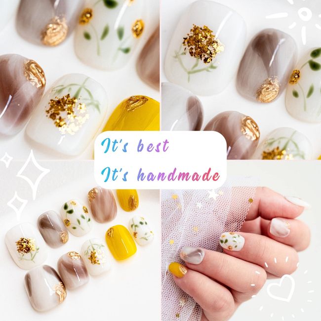 Sun&Beam Nails Handmade Press On Nail Short Round Hand-painted Golden Flowers Acrylic Fake Tip Design Art Charms Cute with Storage Box 10 Pcs (M)