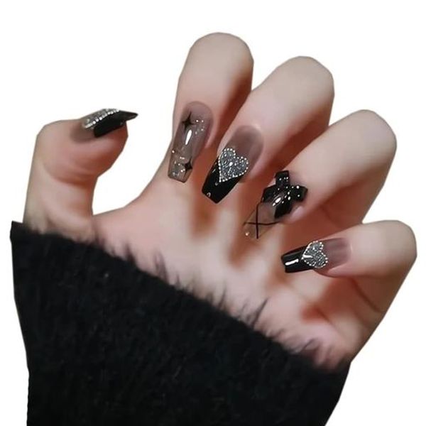 Nail tips, 24 pieces, short, double-sided tape included, gorgeous, starry sky, nail tips, 3D, bridal nails, cute, fake nails, fashion, just stick on, self-nail, black