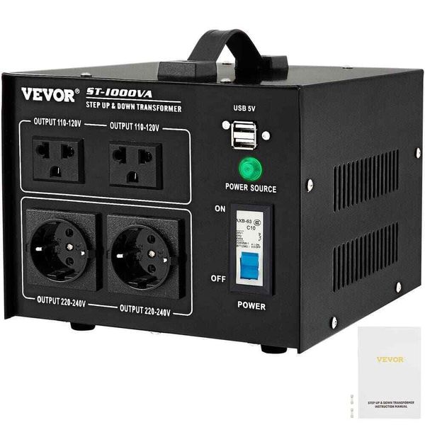 VEVOR Voltage Converter Transformer 1000W Up/Down 110-Volt/240-Volt US/EU Outlet