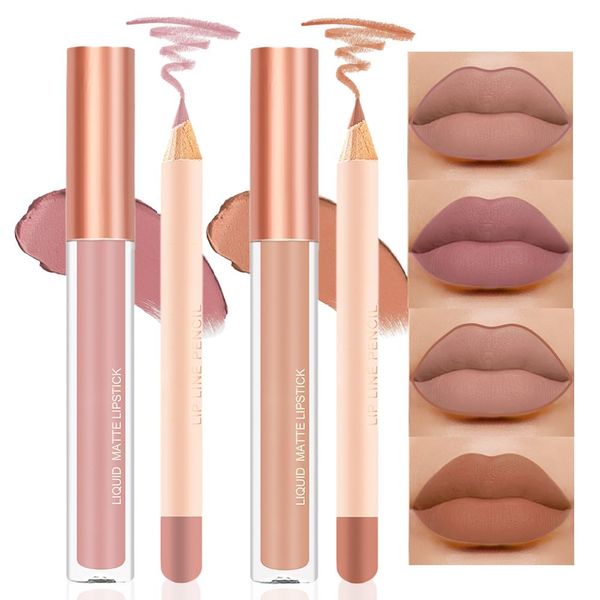 BINGBRUSH Colors Liquid Matte Lipstick and Lipliner Pack Set, Lip Tint Long Lasting 24 Hour Waterproof Velvet Nonstick Cup Lipgloss Lip Stain Pigmented Lip Makeup Gift Sets (2Pcs 01#&02#)