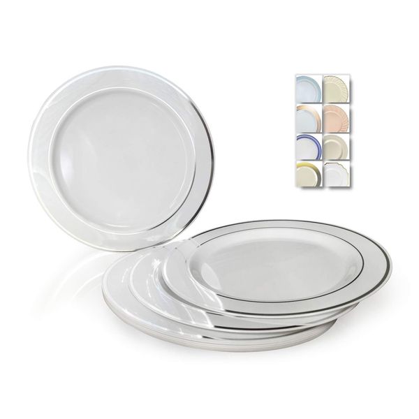 OCCASIONS 120 Plates Pack, Heavyweight Disposable Wedding Party Plastic Plates (7.5'' Appetizer/Dessert Plate, White & Silver Rim)