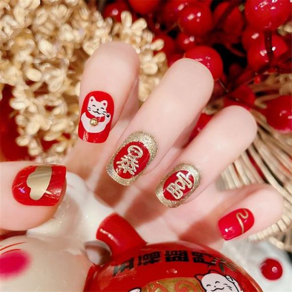 Short nail tips, New Year design fake nails, short nails, Christmas, New Year decorations, DIY nails, easy nail stickers, cute Chinese New Year decorations, party photography accessories, eye-catching, popular for New Year&#39;s card shadows, 48 fake nail