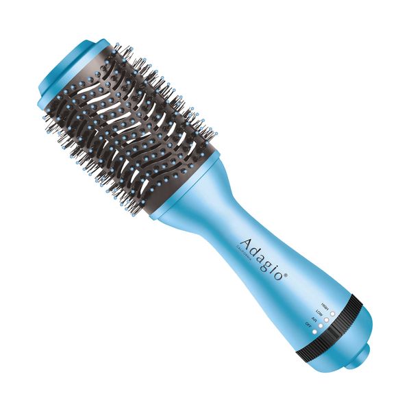 Adagio California Blowout Brush in Baby Blue: 2-in-1 Hot Air Brush Styler and Dryer - Negative Ion Round Brush - Hair Dryer Brush with Straightener Function - Hair Styling Tools for Women