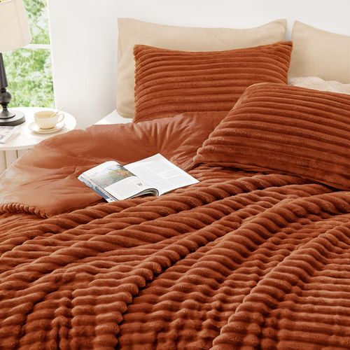 EXQ Home Fluffy Comforter Set Twin Size - Super Soft Faux Fur Stripe Jacquard Comforter 1 Pieces,Terracotta Fleece Bedding Set,Winter Warm Bed Set,1 Comforter with 1 Pillowcase