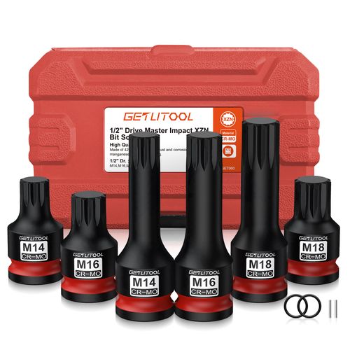 GETLITOOL 6Pcs Impact XZN Bit Socket Set M14-M18, 1/2" Drive CR-MO Impact XZN Triple Square Spline Bit Socket Set with Size-marked & Storage Case for Automotive Repair, Mechanical Maintenance