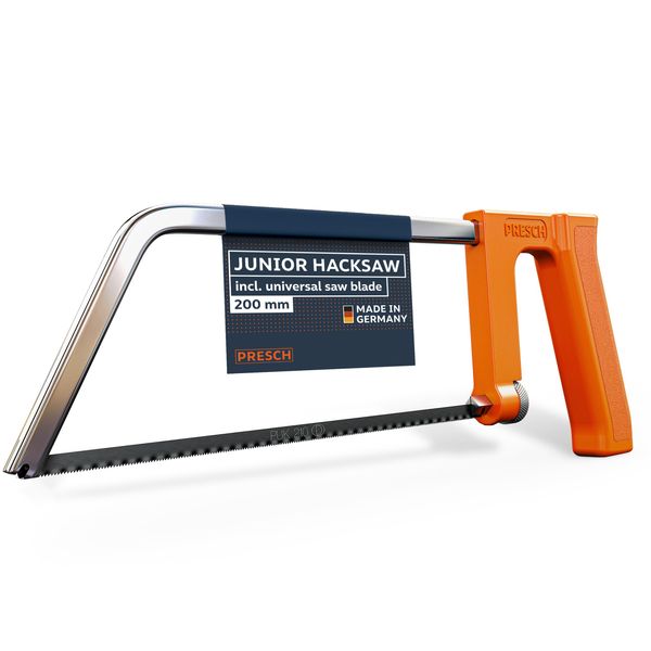 Presch Junior Hacksaw 200mm - with Universal Saw Blade for Precise cuts - Quick Change of Saw Blades - Ergonomic Handle for Better Sawing - Small Hand Saw for All Materials Like Wood, Metal, etc.