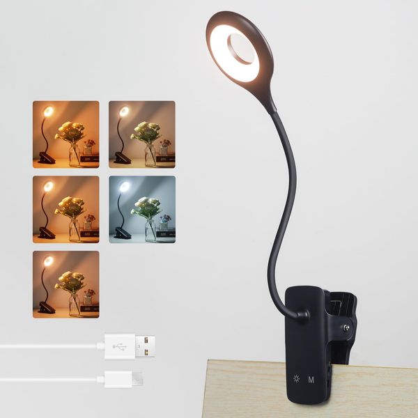 Akynite 3W Leselampe am Bett Aufladbar Klemmbar, Typ-C Ladung, 5 Farbwechsel & 5 Helligkeit, Bettlampe mit akku, 28 LED Klemmlampe Touch Dimmbar, für Nachttischlampe Stilllampe, Schwarz