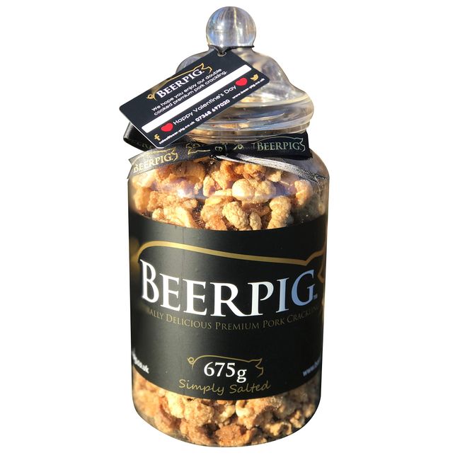 BEERPIG Pork Crackling (Premium Double Cooked) Slightly Salted Huge Valentines Edition 675g Gift Jar